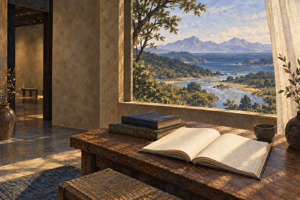 Getrennte geschlossene Bücher und ein offenes Buch liegen an einem Fenster; draußen mündet ein Fluss ins ferne Meer.