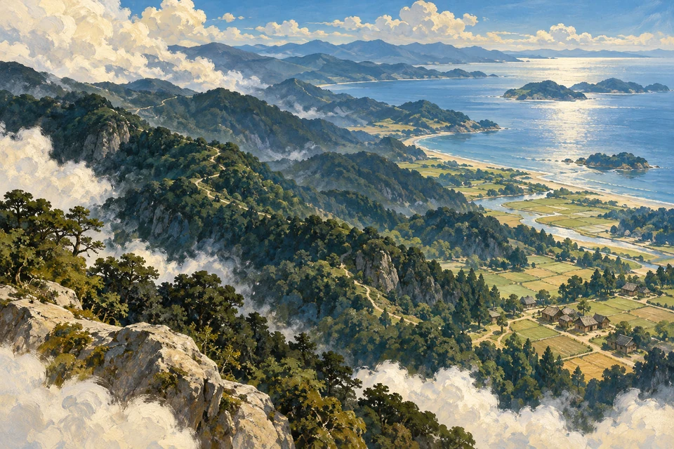Wolken und bewaldete Höhen führen den Blick hinab zu einem hellen Küstenraum mit kleinen Häusern und Wegen.