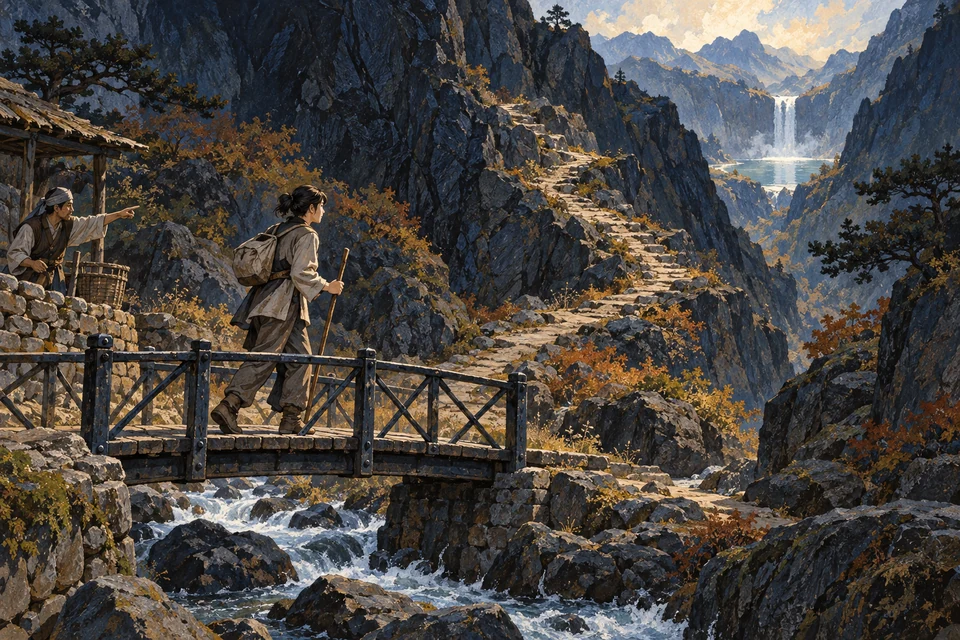 Eine Reisende geht über eine Eisenbrücke und auf einem felsigen Weg zu einer entfernten hellen Wasserstelle.