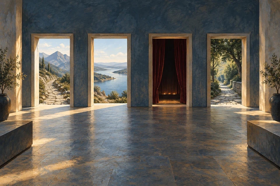 Ein frei gestalteter heller Museumsgang öffnet sich zu vier getrennten Räumen mit unterschiedlichen Licht- und Landschaftseindrücken.