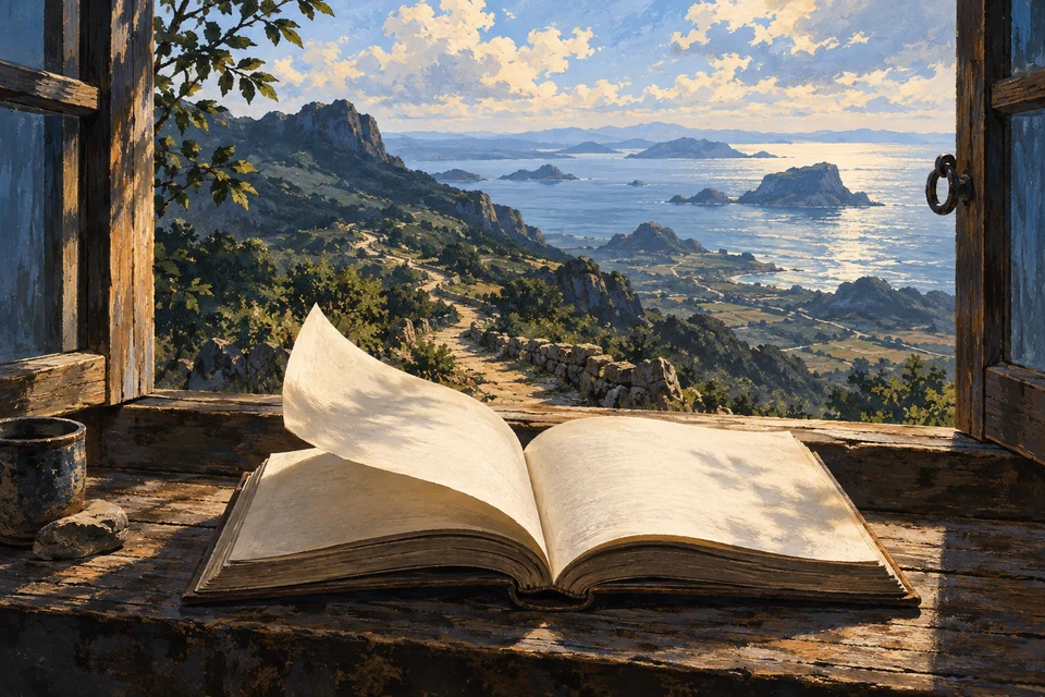 Ein unbeschriftetes offenes Buch liegt am Fenster; dahinter führen Gebirgspfade zum fernen Meer.