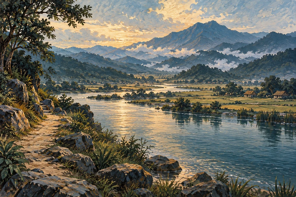 Vom ruhigen Flussufer führt der Blick durch ein Tal mit Feldern in bewaldete Höhen.