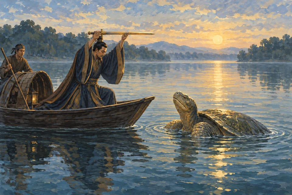 Ein Mann kniet in einem Holzboot und hebt ein Schwert über den Kopf; eine große Schildkröte wartet im ruhigen See daneben.