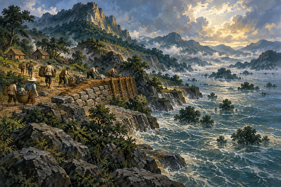 Steigendes Wasser füllt ein Tal; auf höher gelegenen Terrassen bringen Menschen gemeinsam Steine an eine Erdbarriere.