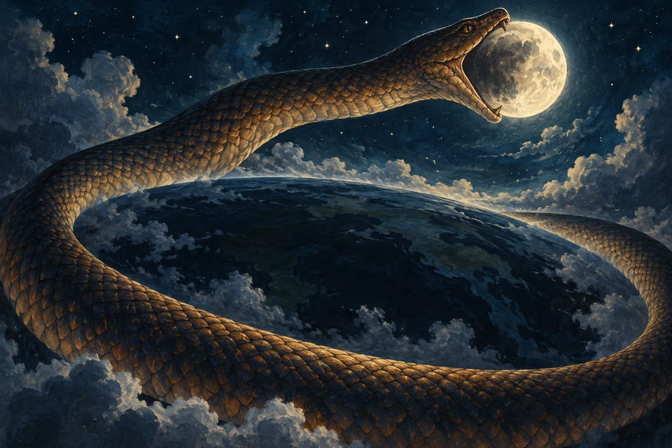 Eine große Schlange windet sich um einen dunklen Rundhorizont und öffnet ihr Maul an einem hellen Mond im Sternenhimmel.