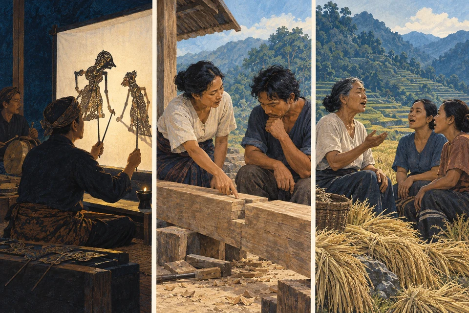 Drei getrennte Bildfelder zeigen Wayang-Figurenspiel, eine Frau beim Erklären eines Holzverbindungsstücks und drei singende Frauen am Reisfeld.