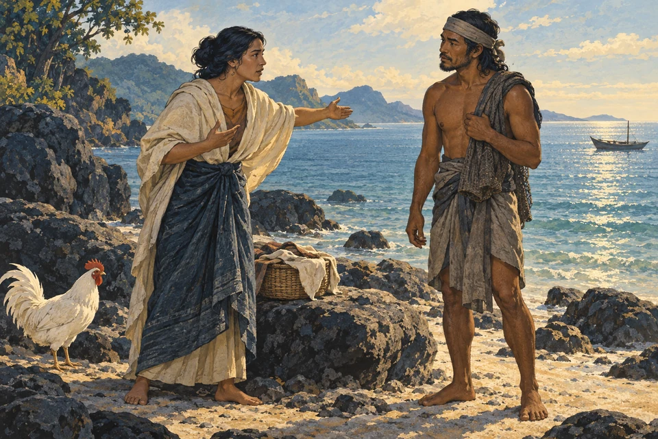 Kannoyan spricht an der Küste mit einem Taucher und deutet zum Meer; neben ihr steht ein weißer Hahn.