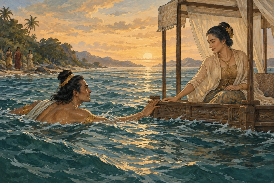 Batara Guru schwimmt zu einer Sänfte auf dem Meer; Wé Nyiliq Timoq sitzt darin und sieht ihn an, während ihr Gefolge am Ufer steht.