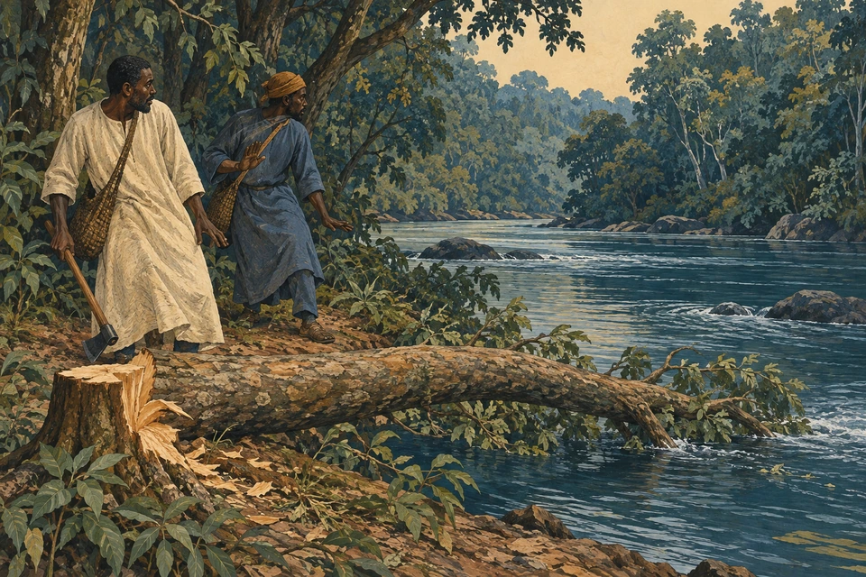 Zwei frei gestaltete Suchende halten am bewaldeten Fluss an und wenden sich dem Wasser zu; ein gefällter Baum liegt teilweise im Fluss.