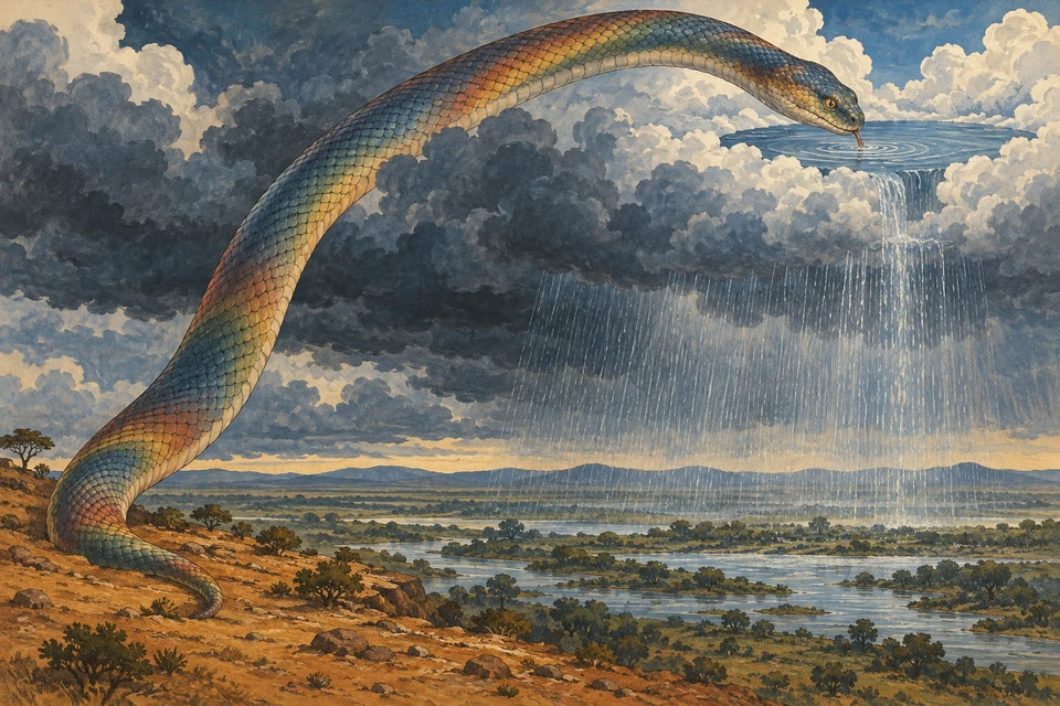 Eine frei gestaltete große Schlange reicht vom Boden über die Wolken und trinkt aus einem hohen Wasservorrat; verschüttetes Wasser fällt als Regen.