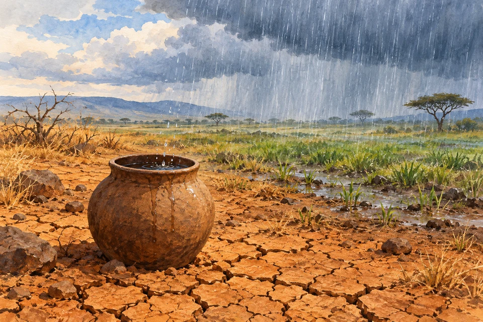 Regen fällt auf eine frei gestaltete Landschaft mit trockener Erde, frischem Grün und einem Wassergefäß.