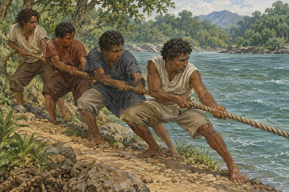 Vier Menschen ziehen gemeinsam an einem Seil am Ufer; das Seil führt zum Wasser.