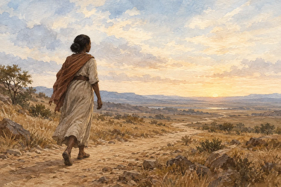 Eine Frau folgt einem offenen Weg zum fernen Horizont.