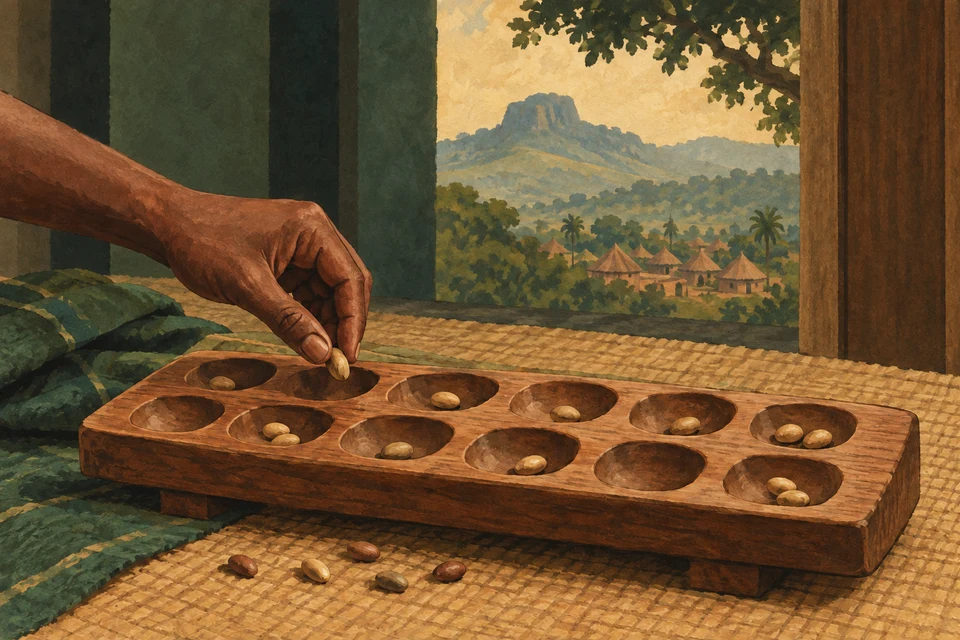Eine Hand wählt einen Spielstein auf einem frei gestalteten Brett mit Mulden.
