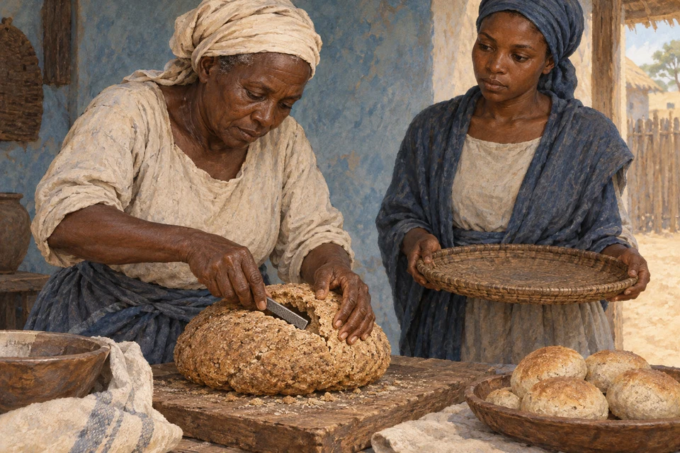 Eine ältere Frau legt eine Feile in ein grobes Brot; eine jüngere Frau hält eine Schale bereit, daneben liegen feinere Brote.