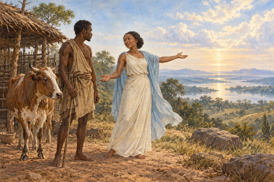 Nambi spricht mit Kintu neben dessen Kuh und einfachem Unterstand; sie weist zum hellen offenen Horizont.