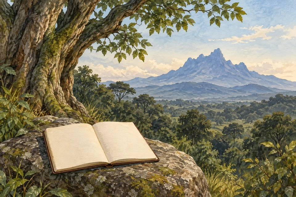 Ein aufgeschlagenes Buch mit leeren Seiten liegt unter einem Baum; im Hintergrund eine frei gestaltete Bergsilhouette.