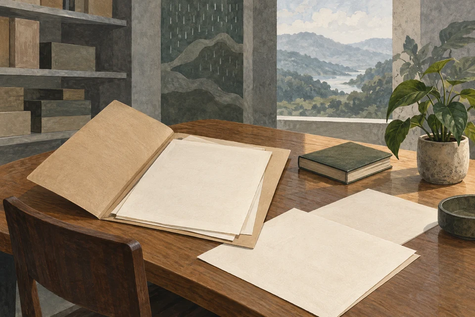 Ein frei gestalteter Archivlesetisch mit leerer Mappe, unbeschrifteten Blättern, geschlossenem Buch und einer Pflanze.