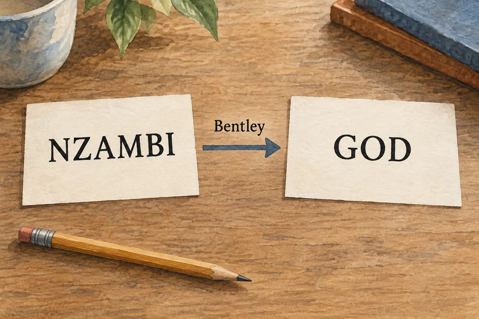 Zwei frei gestaltete Karten zeigen NZAMBI und GOD, verbunden durch einen Pfeil mit der Beschriftung Bentley.