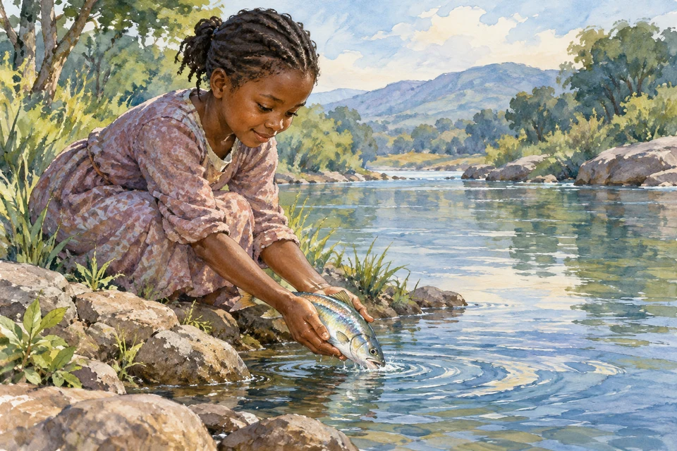 Ein Mädchen hält einen schimmernden Fisch vorsichtig am Rand des Flusses über dem Wasser.