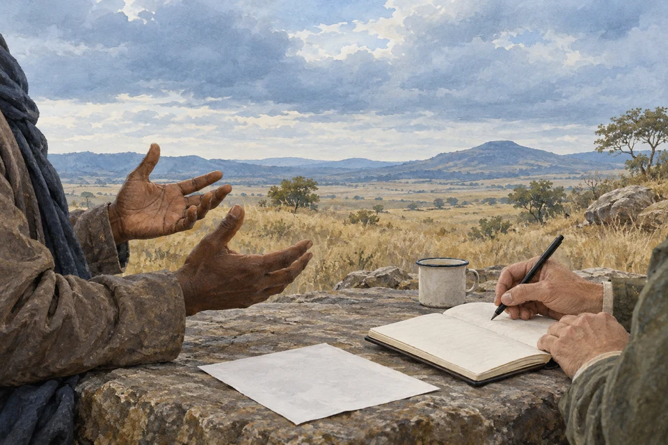 Gestikulierende Hände und eine schreibende Hand vor wenigen Blättern; dahinter liegt eine offene Landschaft mit weitem Himmel.