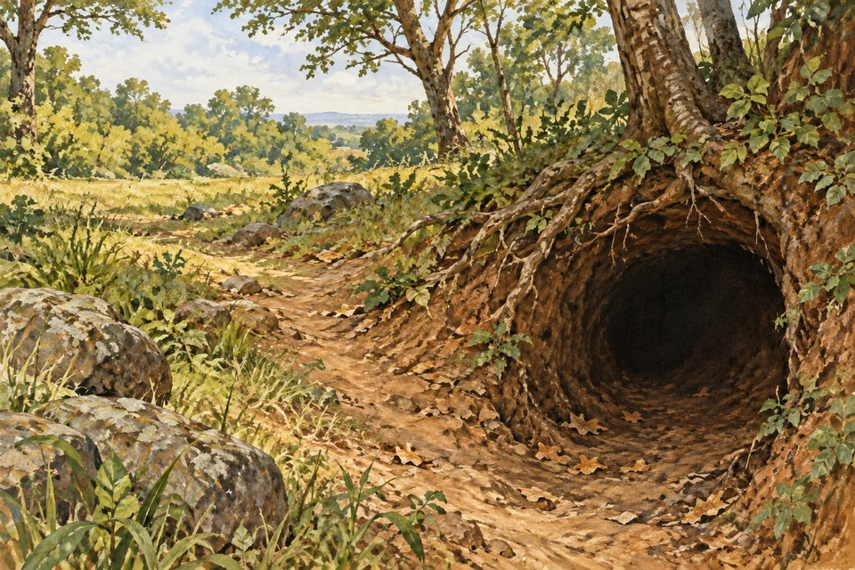 Ein leerer Waldweg führt zu einer dunklen Erdöffnung unter Wurzeln.