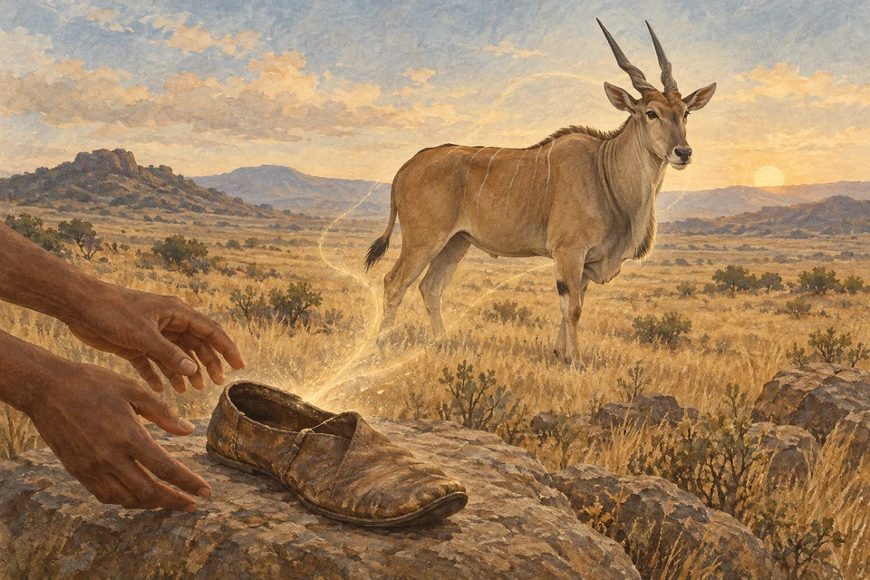 Zwei Hände greifen nach einem abgetragenen Schuh; dahinter steht eine Elenantilope. Ein heller Bogen verbindet die beiden Motive.
