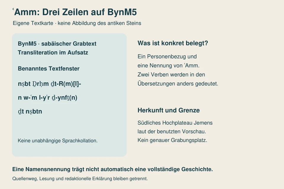 ʿAmm: Drei Zeilen auf BynM 5 – eigene Textkarte mit benanntem Textfenster, Aussage und Herkunftsgrenzen.