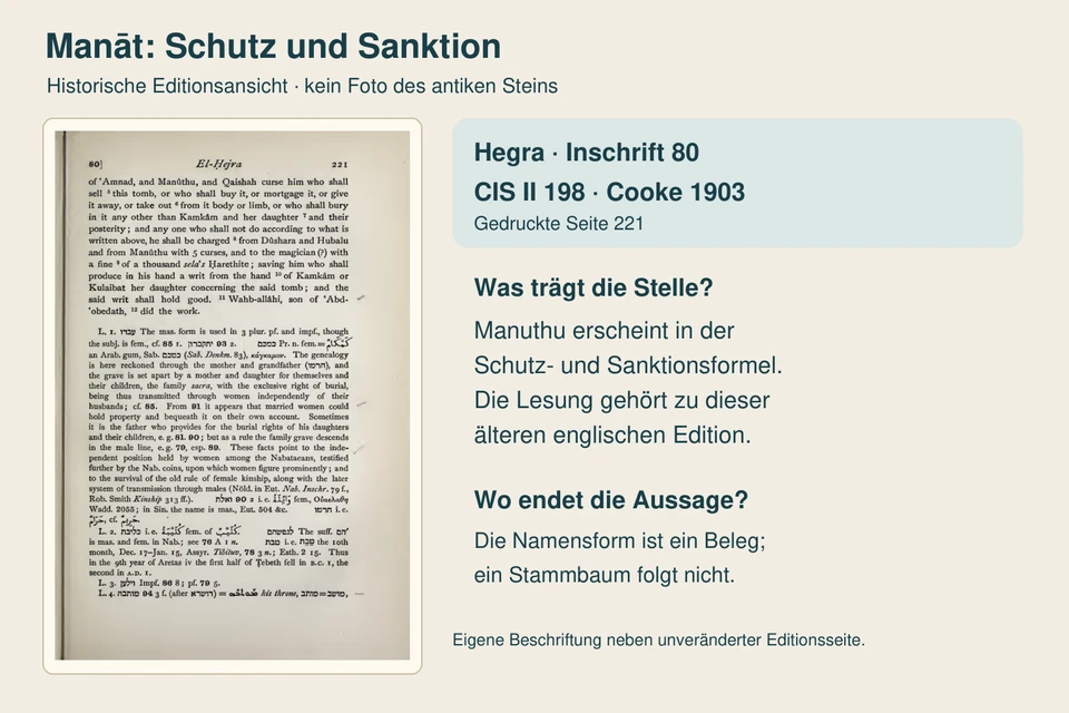 Manāt: Schutz und Sanktion: ganze Seite der historischen Cooke-Edition neben eigener Erläuterung des konkreten Belegs und seiner Aussagegrenze.
