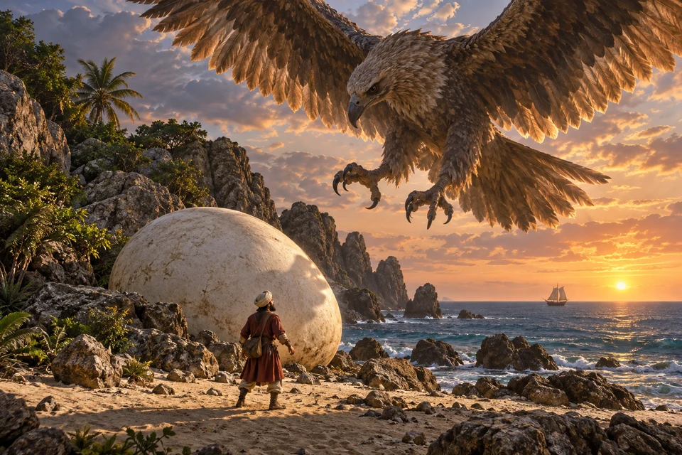 Sindbad steht an einer Felsküste neben einem riesigen Ei; ein großer Vogel senkt sich herab und ein Segelschiff entfernt sich auf dem Meer.