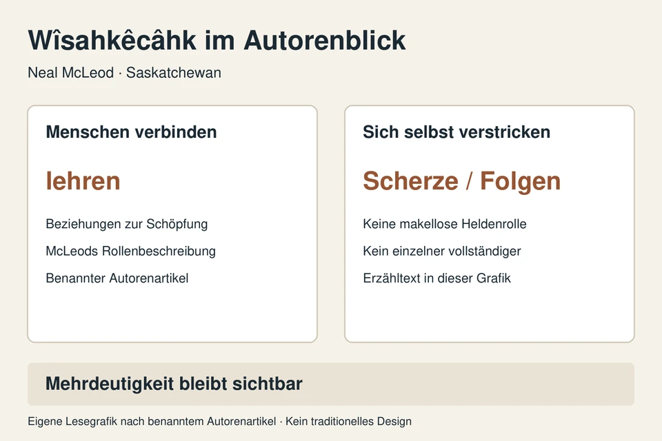 Eigene Lesegrafik zu McLeods Wîsahkêcâhk-Beschreibung: Verbindungen und Lehre stehen neben eigener Verstrickung.