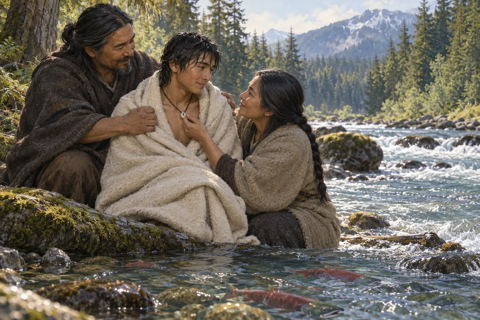 Eine Mutter berührt die einfache Halskette ihres zurückgekehrten Sohnes; sein Vater legt eine schlichte Decke um ihn. Im Fluss davor schwimmen Lachse.