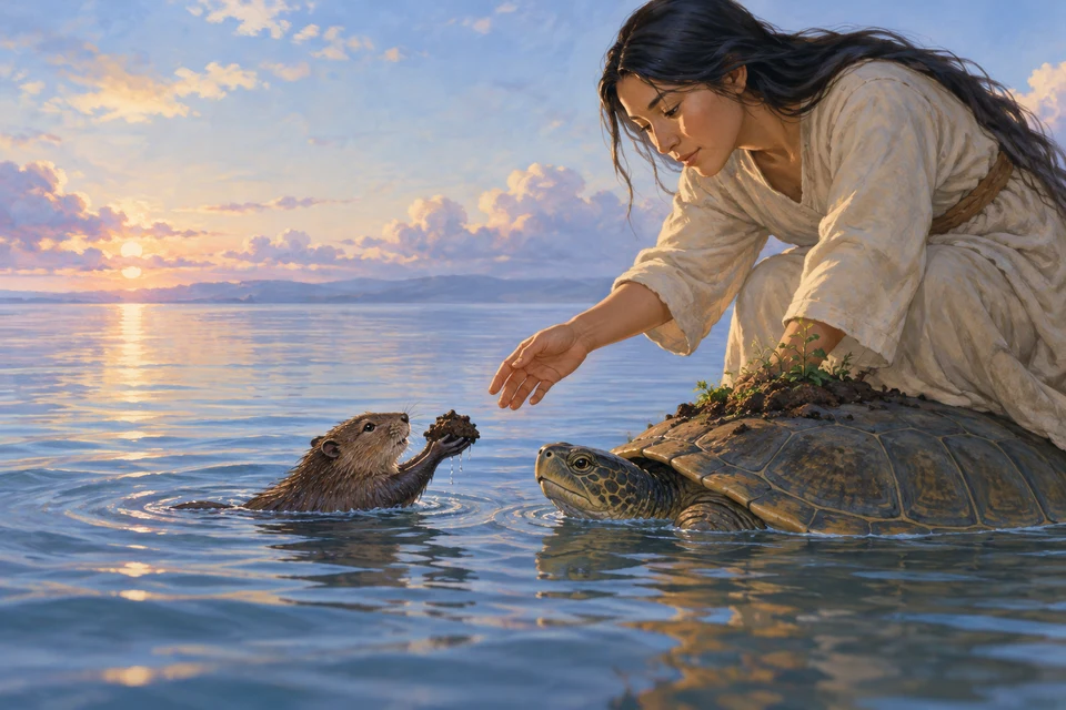Eine lebende kleine Bisamratte hält nasse Erde zwischen den Vorderpfoten; eine Frau greift danach, während eine Schildkröte Erde auf ihrem Rücken trägt.