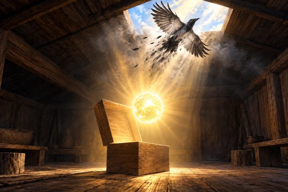 Eine frei schwebende leuchtende Sonne über einem offenen Holzkasten; ein heller, an den Federrändern rußiger Rabe flieht durch ein Rauchloch.