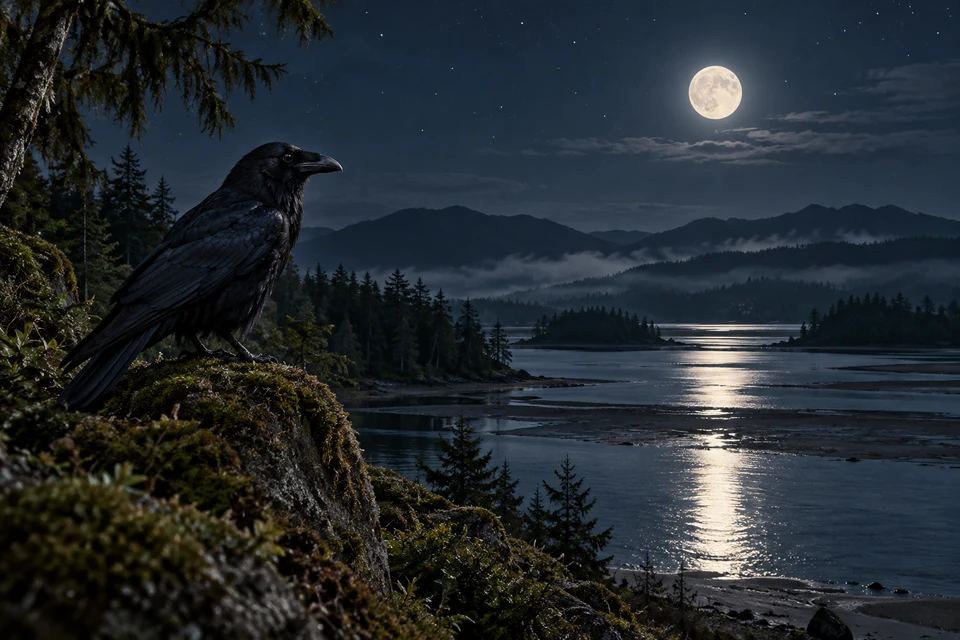 Ein schwarzer Rabe blickt von einem Felsen auf ein bewaldetes Gewässer; der Mond spiegelt sich im Wasser.