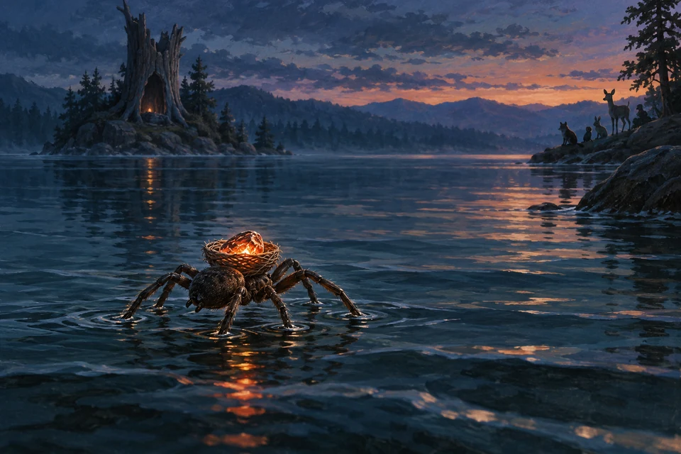 Freie Illustration: Eine Wasserspinne trägt eine einzelne Glut in einer kleinen geflochtenen Schale über einen großen See.