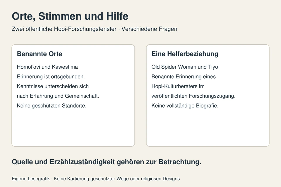 Eigene Lesegrafik trennt benannte Hopi-Orte von der Old-Spider-Woman/Tiyo-Helferbeziehung; keine genaue Karte oder traditionelle Darstellung.
