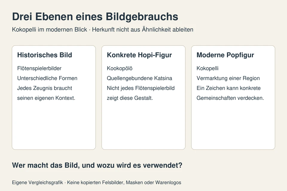 Eigene Vergleichsgrafik unterscheidet historische Flötenspielerbilder, quellengebundene Hopi-Kookopölö und die moderne Kokopelli-Popfigur.
