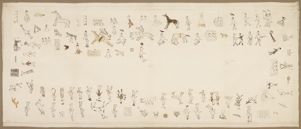 Tatsächlicher Winter Count auf Leinwand: viele kleine Jahreszeichen in mehreren umlaufenden Reihen, beige Fläche mit schwarzen und farbigen Darstellungen.