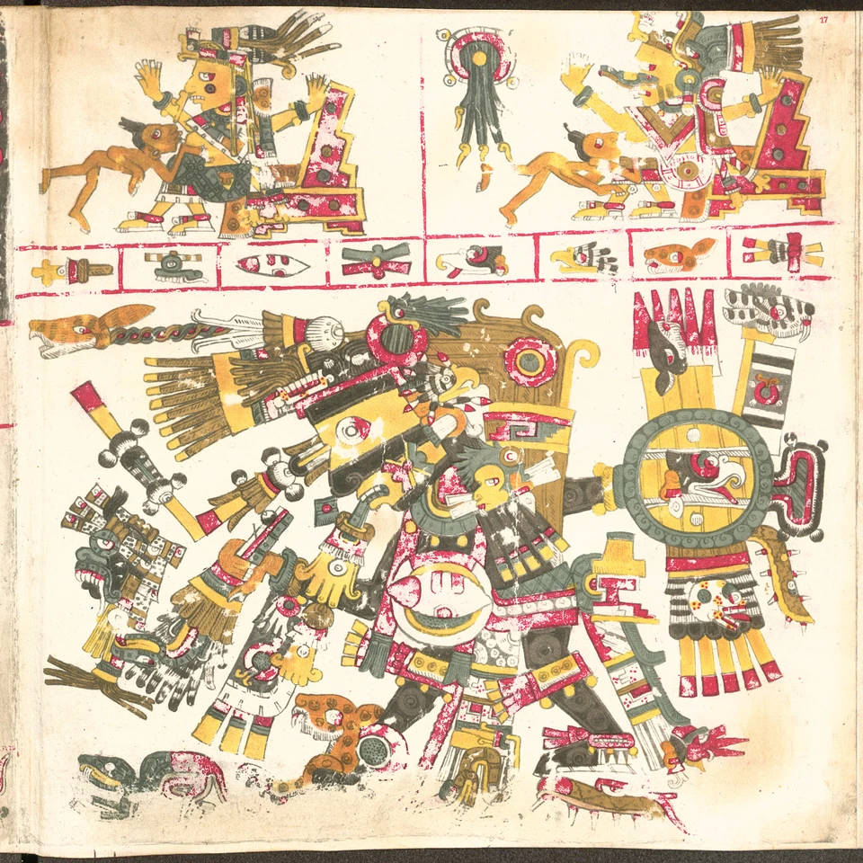 Ganze farbige Faksimile-Seite17 des Codex Borgia mit mehreren durch rote Linien gegliederten Bildfeldern.