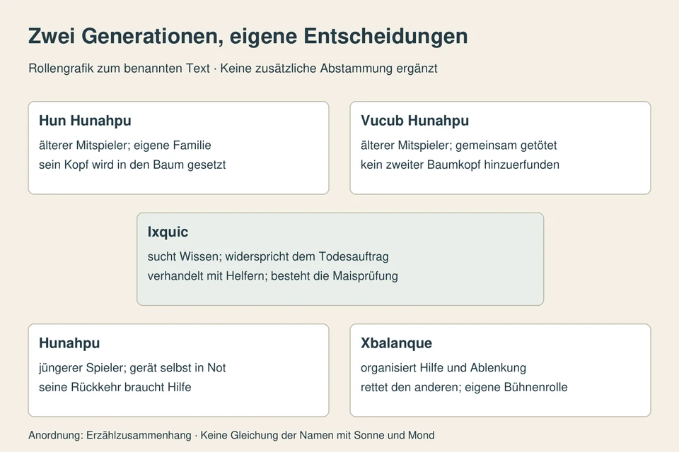 Ältere Mitspieler Hun Hunahpu und Vucub Hunahpu stehen getrennt über Ixquics Entscheidungen. Darunter werden Hunahpus Hilfsbedürftigkeit und Xbalanques eigene Rettungsarbeit unterschieden.