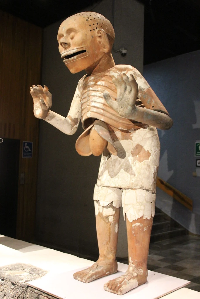 Tatsächliche aufrecht stehende historische Figur mit sichtbaren Rippen, Händen und Füßen sowie hellen und dunkleren Oberflächenbereichen.