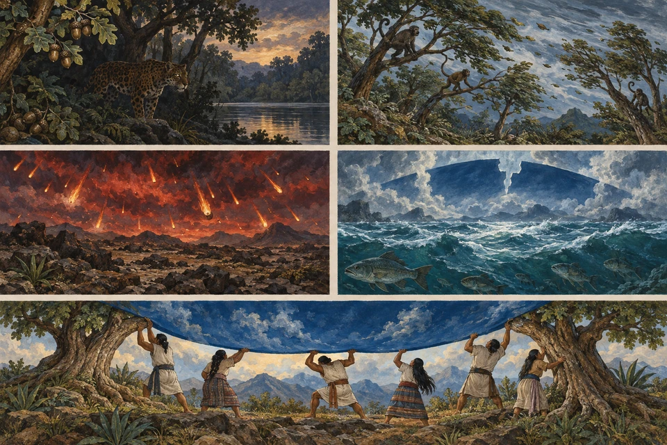 Vier getrennte gemalte Landschaften: Großkatze bei Eichen, Wind und Affen, fallendes Feuer, Wasser und Fische. Darunter helfen frei gestaltete Menschen und zwei Bäume, eine symbolische Himmelsfläche zu heben.