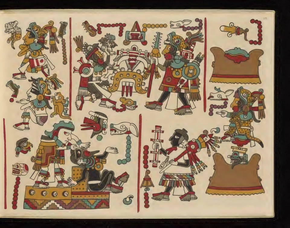 Tafel52 des historischen Codex-Nuttall-Faksimiles: mehrere durch rote Linien gegliederte Gruppen; unten links wird ein Werkzeug an die Nase einer sitzenden Person geführt.