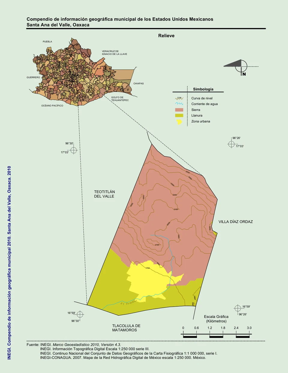 INEGI-Karte des Municipio Santa Ana del Valle mit Bergbereichen, Tal, Ortskern und Höhenlinien im Datenstand2010.