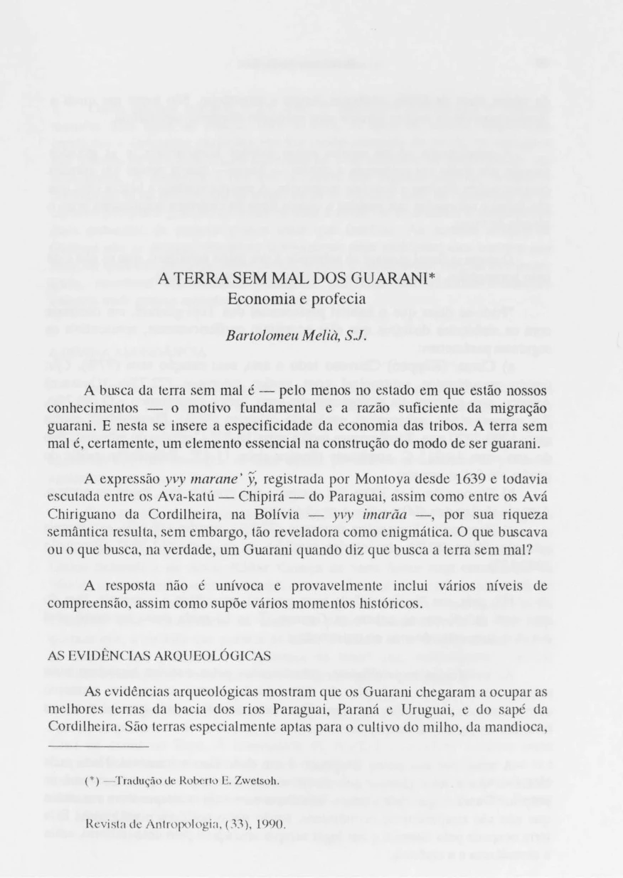 Ganze erste Artikelseite von 1990 mit Titel, Bartolomeu Meliàs Namen, dem Forschungsauftakt und der Übersetzungsangabe für Roberto E. Zwetsch.