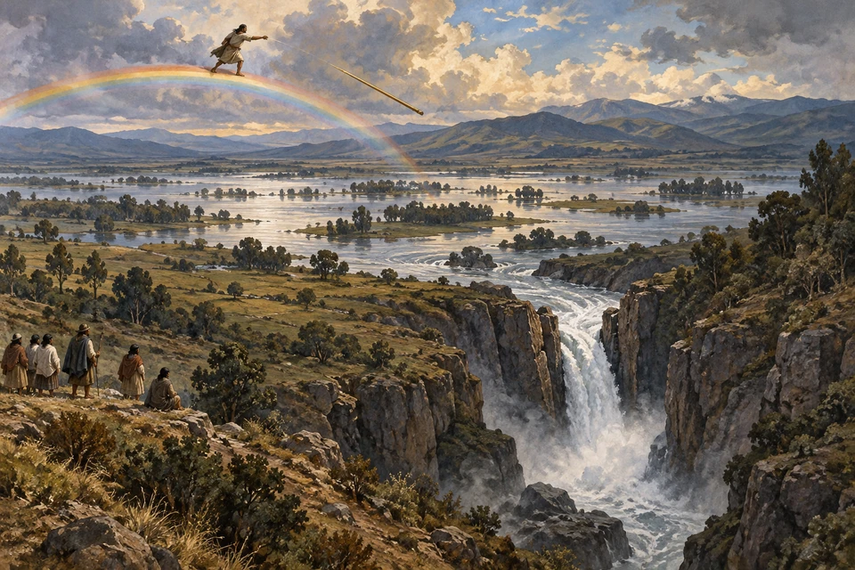 Ein gemalter Mensch steht auf der Krone eines Regenbogens und wirft einen dünnen goldenen Stab. Wasser einer überschwemmten Ebene fließt durch eine offene Felsschlucht; kleine Gestalten sehen von trockenem Boden zu.
