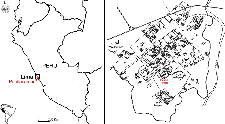 Verlagskarte mit Pachacamac bei Lima sowie Lageplan mit Museum, bemaltem Tempel, altem Tempel, Sonnentempel und Lurín-Fluss.