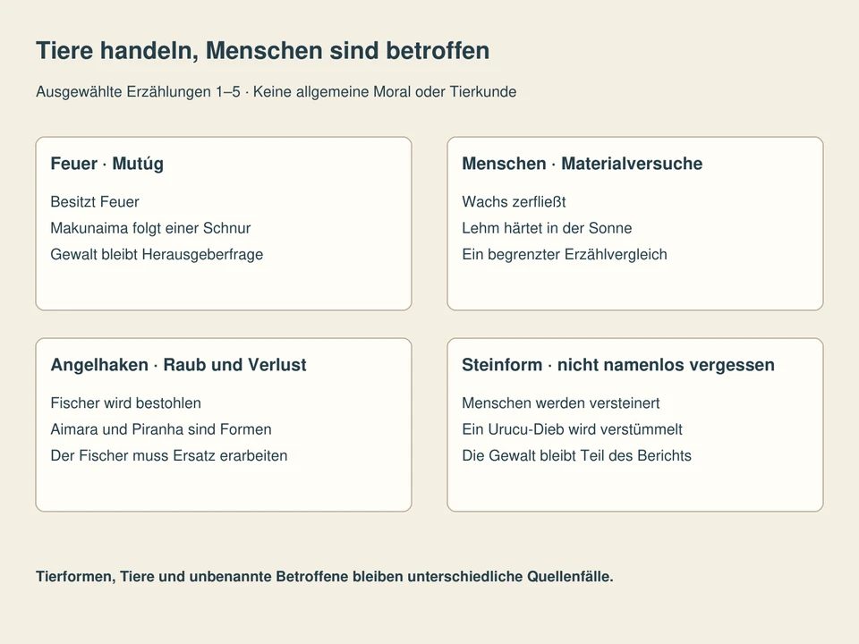 Getrennte Lesefelder: Feuer · Mutúg, Menschen · Materialversuche, Angelhaken · Raub und Verlust, Steinform · nicht namenlos vergessen.