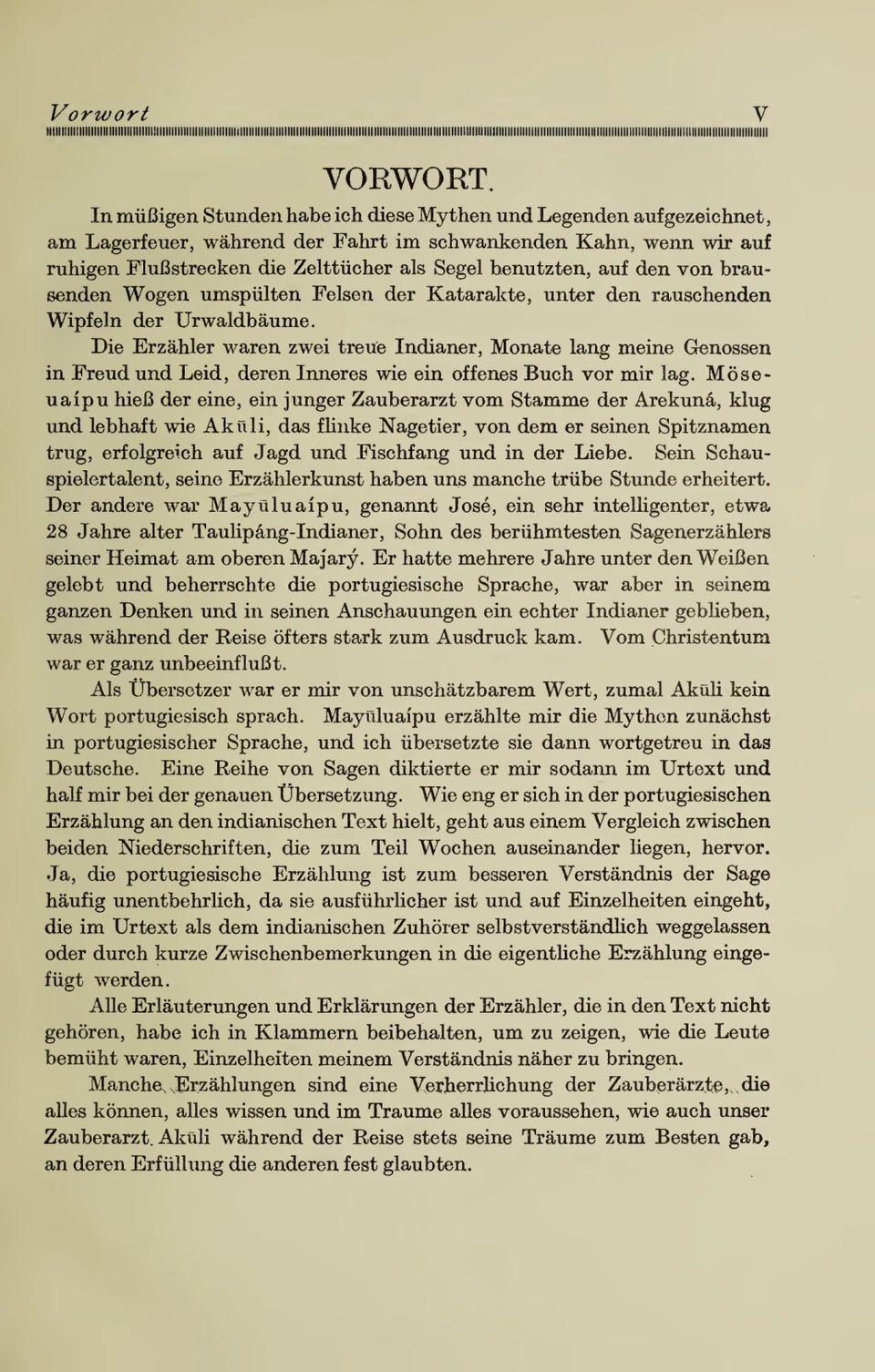 Ganze historische Vorwortseite V mit Koch-Grünbergs Beschreibung von Möseuaipu/Aküli, Mayüluaipu/José und seinem Übersetzungsweg.